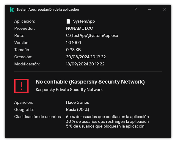 La ventana contiene información sobre la reputación del archivo y otros datos, como la presencia de una firma digital.