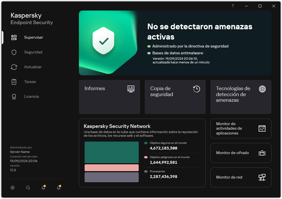 La ventana principal de la aplicación contiene secciones para la supervisión de la seguridad informática y el control de aplicaciones.