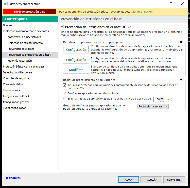 Ventana de Configuración de Prevención de intrusiones