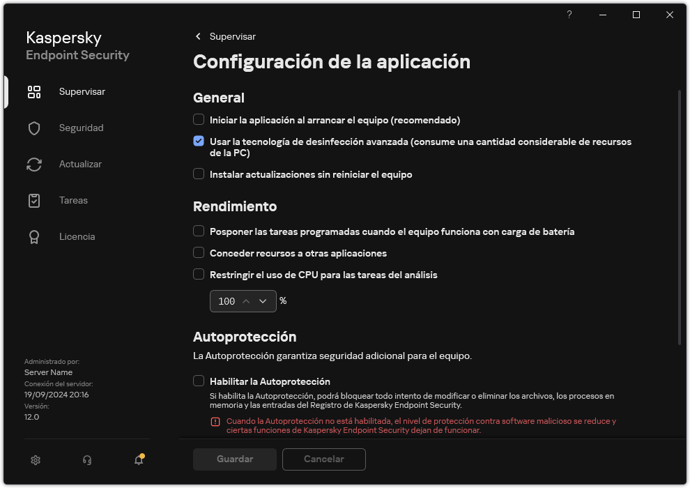 Ventana de Configuración de las aplicaciones. El usuario puede configurar el rendimiento, la autoprotección y otras opciones.