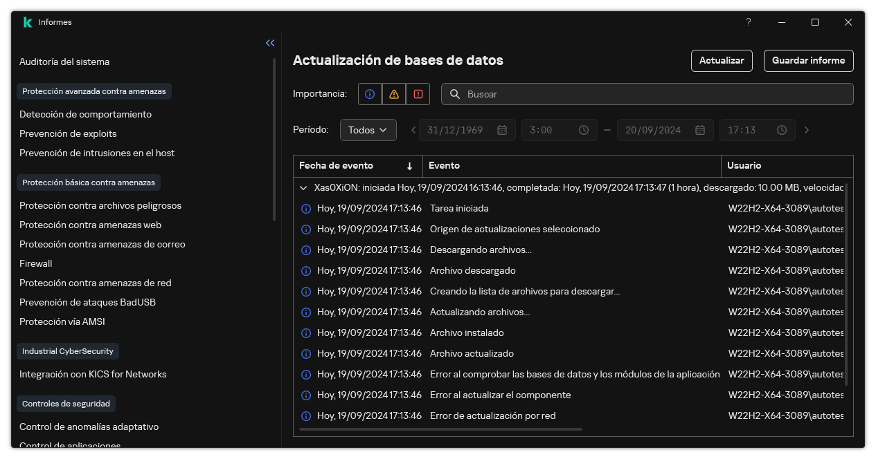 Una ventana con la lista de eventos en el informe. El usuario puede filtrar/ordenar eventos y guardar informes en un archivo.