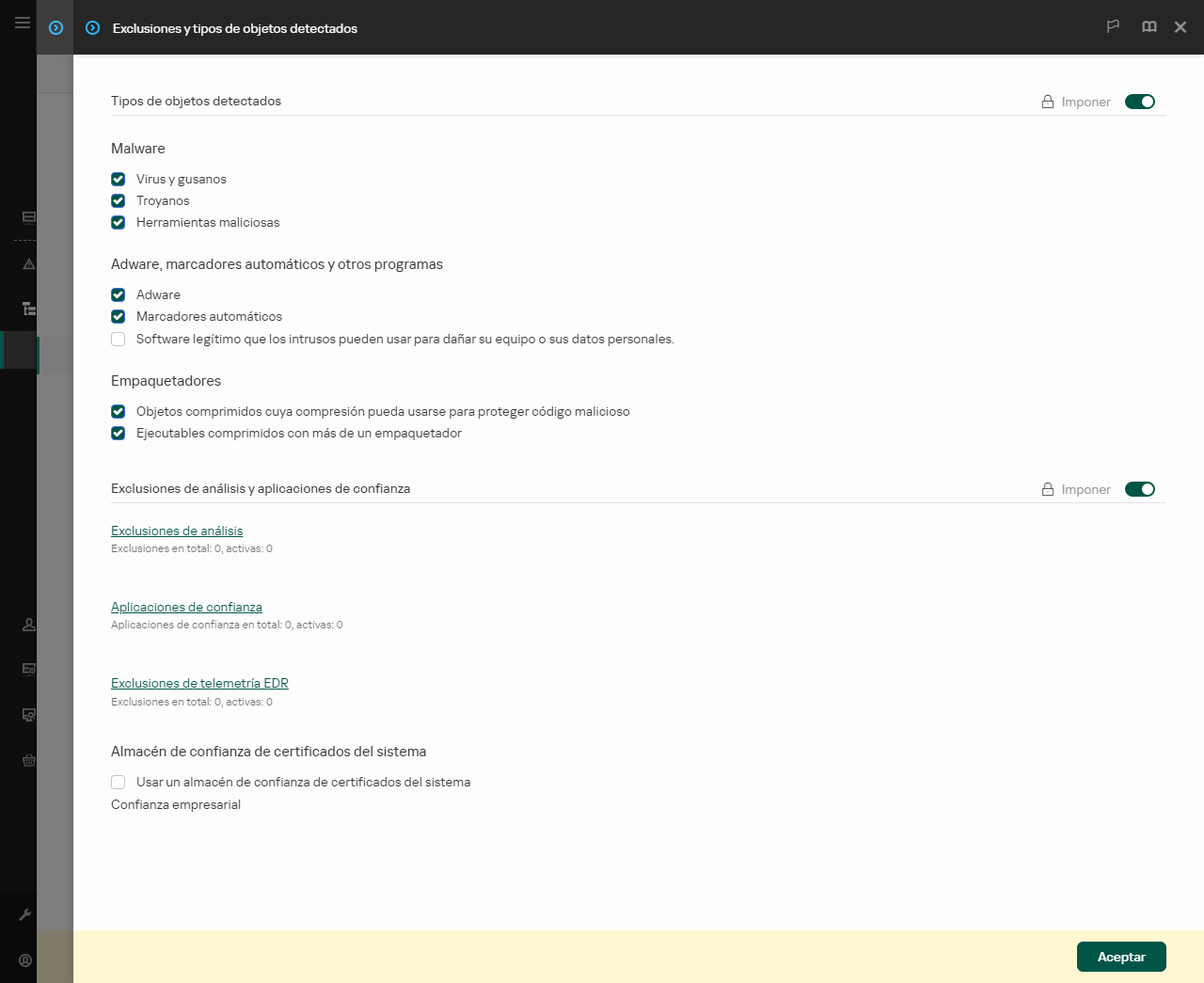 Ventana Configuración de exclusiones. El usuario puede agregar exclusiones y aplicaciones de confianza.
