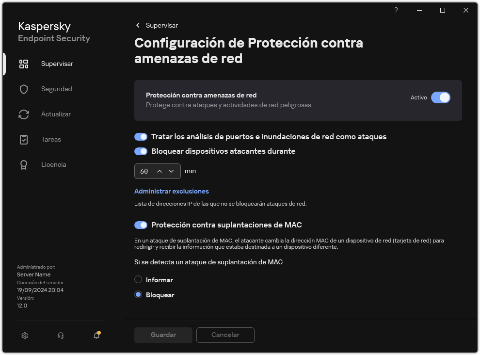 Ventana de configuración de Protección contra amenazas de red