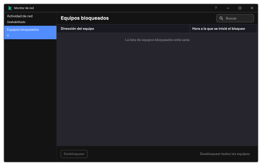 Ventana Monitor de red con una lista de equipos bloqueados. Puede desbloquear equipos individuales o todos los equipos.