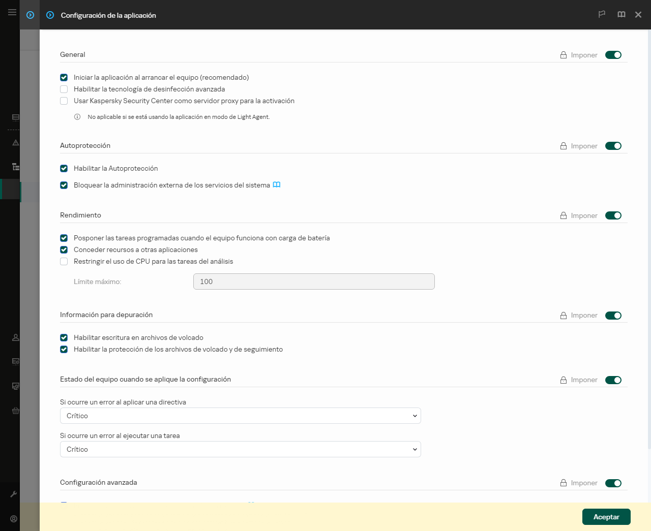 Ventana de Configuración de las aplicaciones. El usuario puede configurar el rendimiento, la autoprotección y otras opciones.