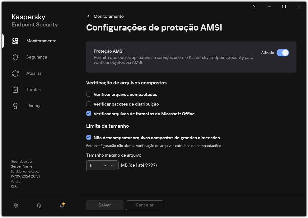Janela Configurações de Proteção AMSI.