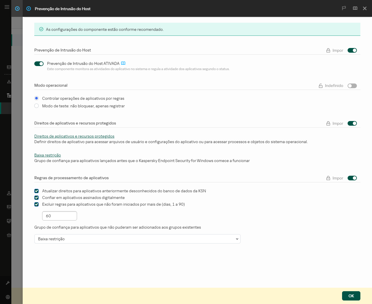 Janela Configurações da Prevenção de Intrusões.