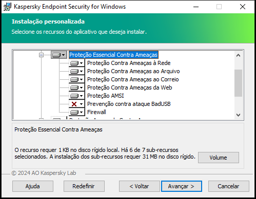 Janela do instalador com uma lista de componentes que podem ser selecionados pelo usuário.