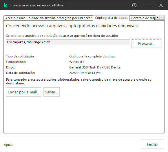 A janela contém um campo para selecionar o arquivo de solicitação de acesso. O usuário pode salvar o arquivo de chave de acesso gerado em disco ou enviá-lo por e-mail.