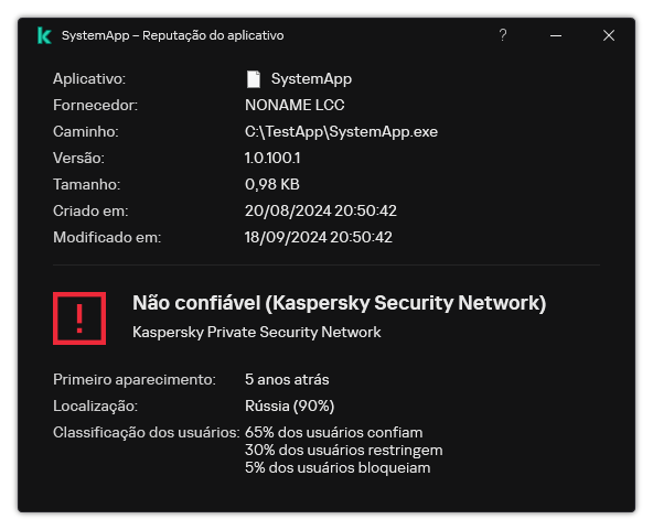 A janela contém informações sobre a reputação do arquivo e outros dados, como a presença de uma assinatura digital.
