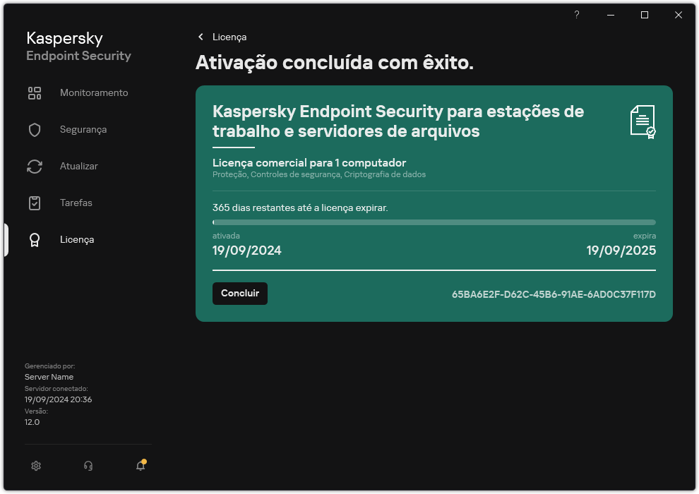 A janela contém informações sobre a licença: data de vencimento, funções disponíveis e outras informações.