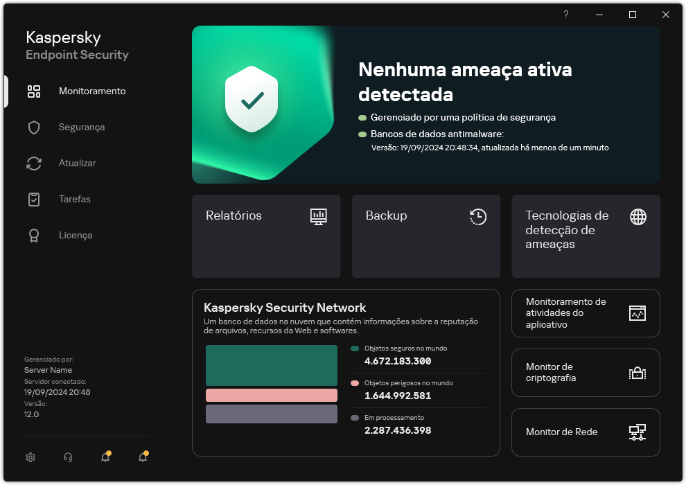 A janela principal do aplicativo contém seções para monitoramento de segurança do computador e controle de aplicativos.