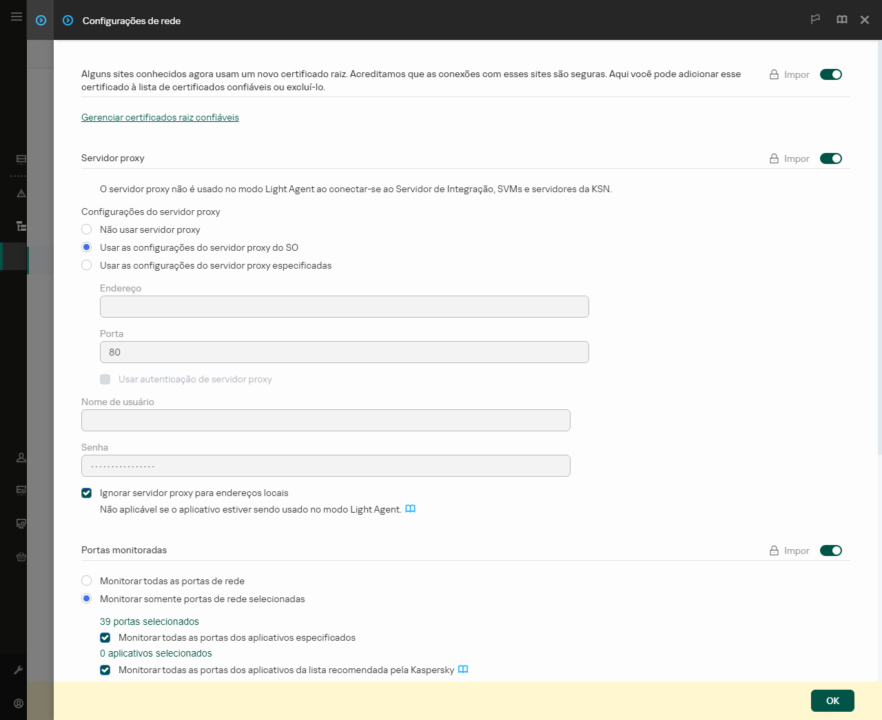 Janela Configurações do Aplicativo de Rede. O usuário pode definir as configurações do servidor proxy.