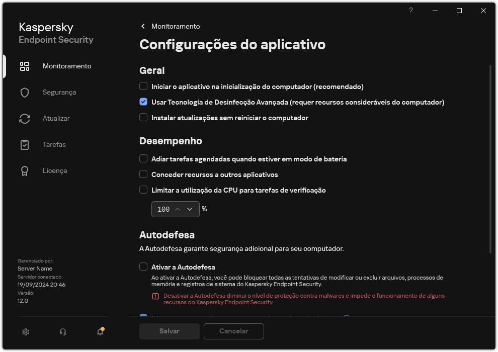 Janela Configurações do Aplicativo. O usuário pode configurar o desempenho, a autodefesa e outras configurações.