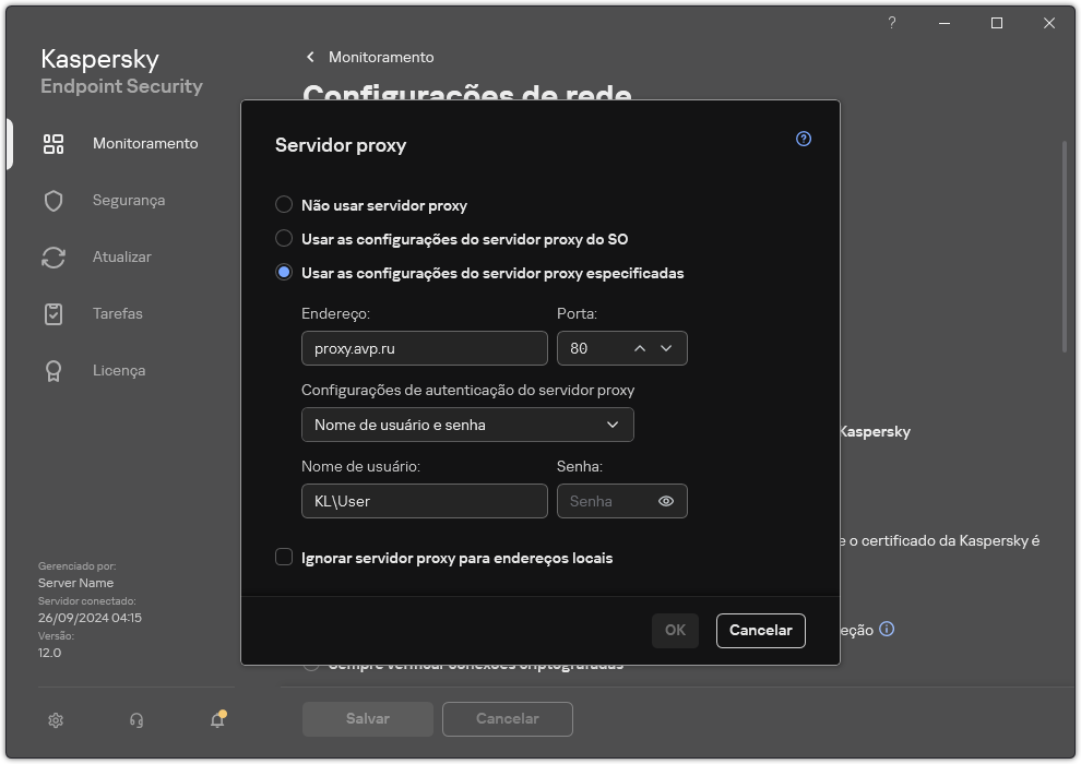 A janela para configurar a conexão do servidor proxy. O usuário pode definir o endereço do servidor proxy e as credenciais para se conectar ao servidor proxy.