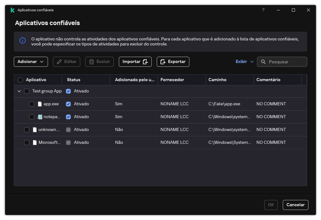 Uma janela com a lista de aplicativos confiáveis. O usuário pode adicionar, editar ou remover um aplicativo confiável.