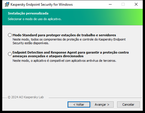 Janela do instalador com a configuração do aplicativo: funcionalidade completa ou Endpoint Detection and Response Agent.