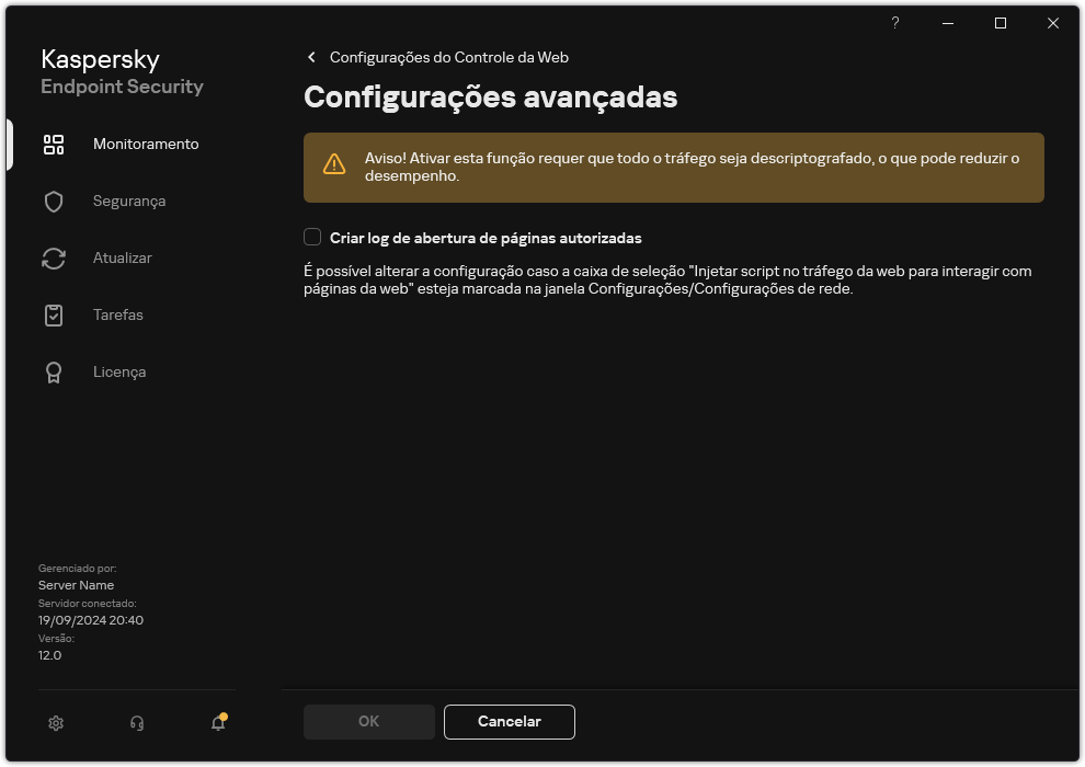 Janela de configurações avançadas do Controle da Web.