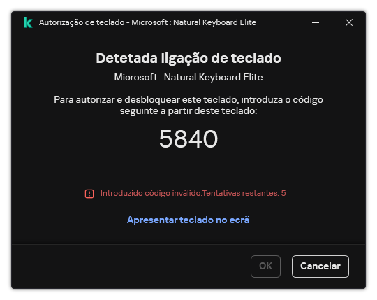 A janela com o código de autorização do teclado. O utilizador pode ativar o teclado no ecrã e inserir o código.