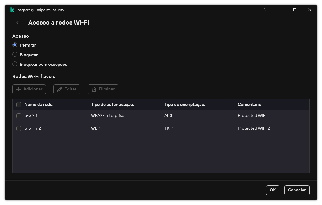Uma janela com a lista de redes Wi-Fi. O utilizador pode configurar o acesso a todas as redes Wi-Fi e adicionar redes Wi-Fi fiáveis.