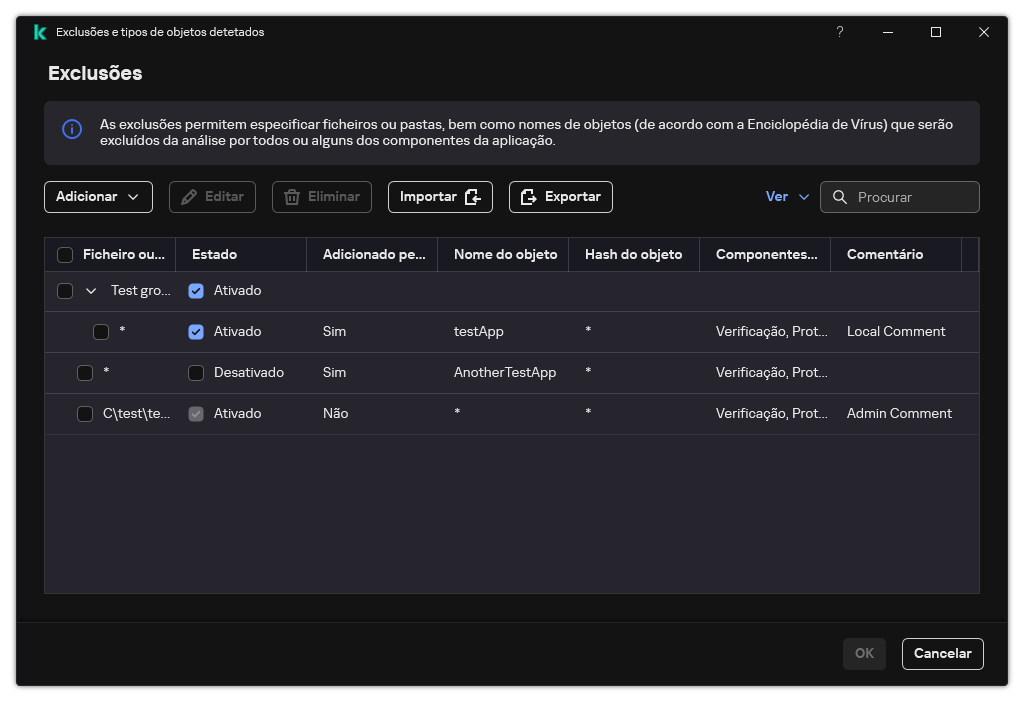 Uma janela com a lista de exclusões. As propriedades de exclusão são exibidas. O utilizador pode adicionar, editar ou eliminar exclusões.