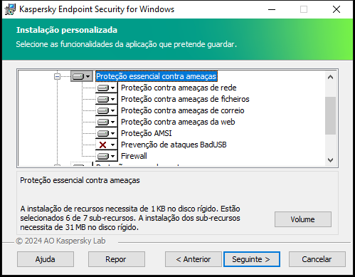 Janela de instalação com uma lista de componentes que um utilizador pode selecionar.