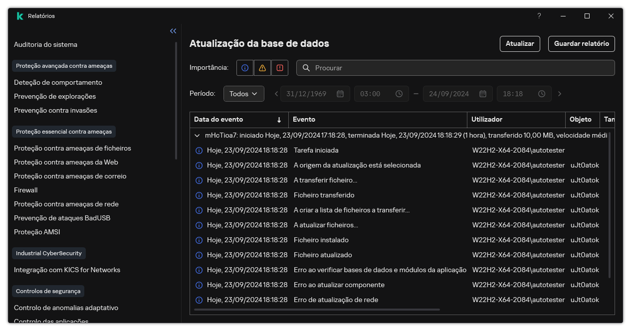 Uma janela com a lista de eventos no relatório. O utilizador pode filtrar/ordenar eventos e guardar relatórios num ficheiro.