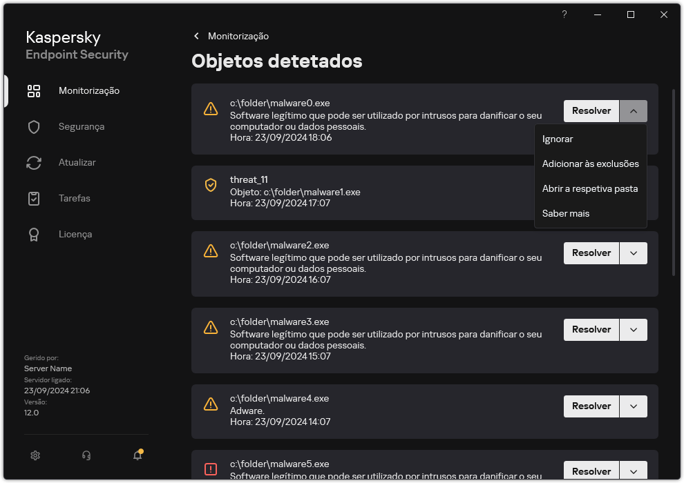 Uma janela com a lista de objetos detetados. As informações sobre o objeto são exibidas. O utilizador pode resolver ou remover o objeto.