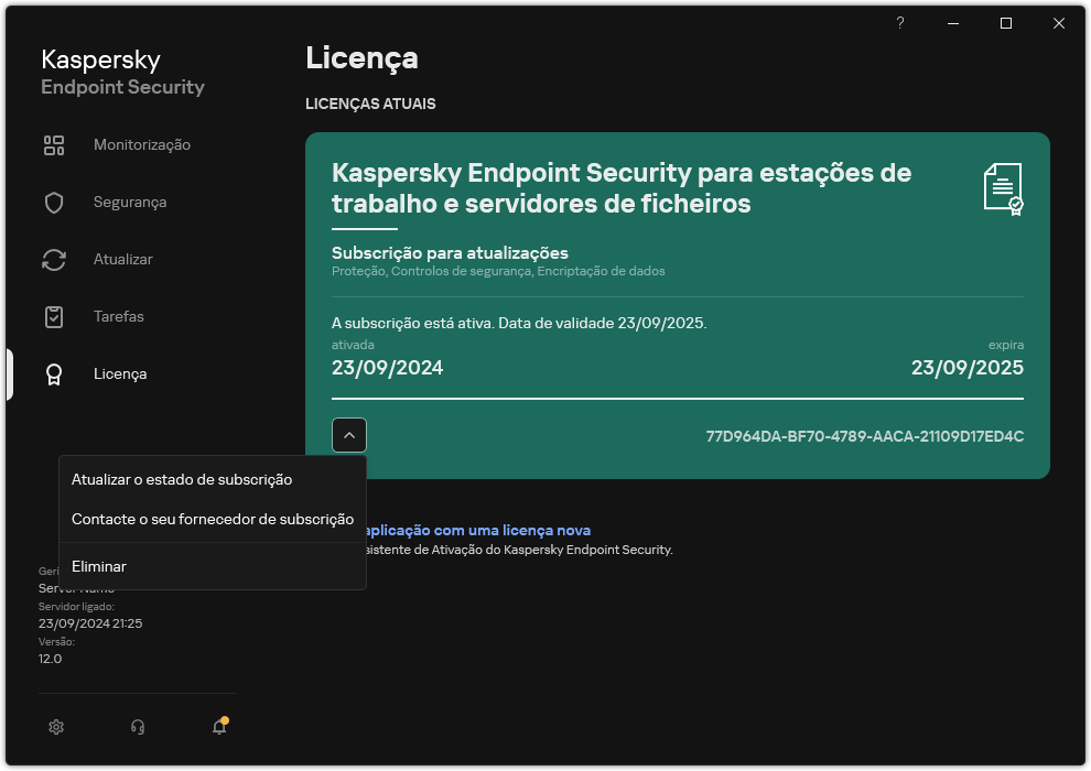 A janela com informações sobre a licença. O utilizador pode atualizar o estado da subscrição, entrar em contacto com o fornecedor da subscrição ou remover a licença.