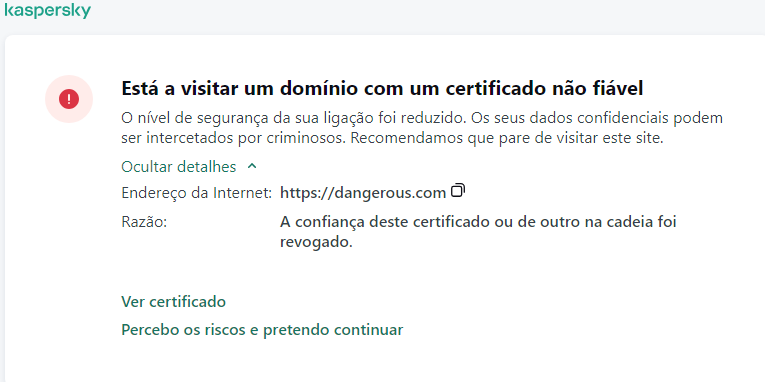 Notificação da Kaspersky sobre visitar um domínio com um certificado não fiável na janela do navegador. O utilizador pode continuar a trabalhar.