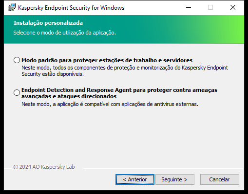 Janela do instalador com configuração da aplicação: funcionalidade completa ou Endpoint Detection and Response Agent.