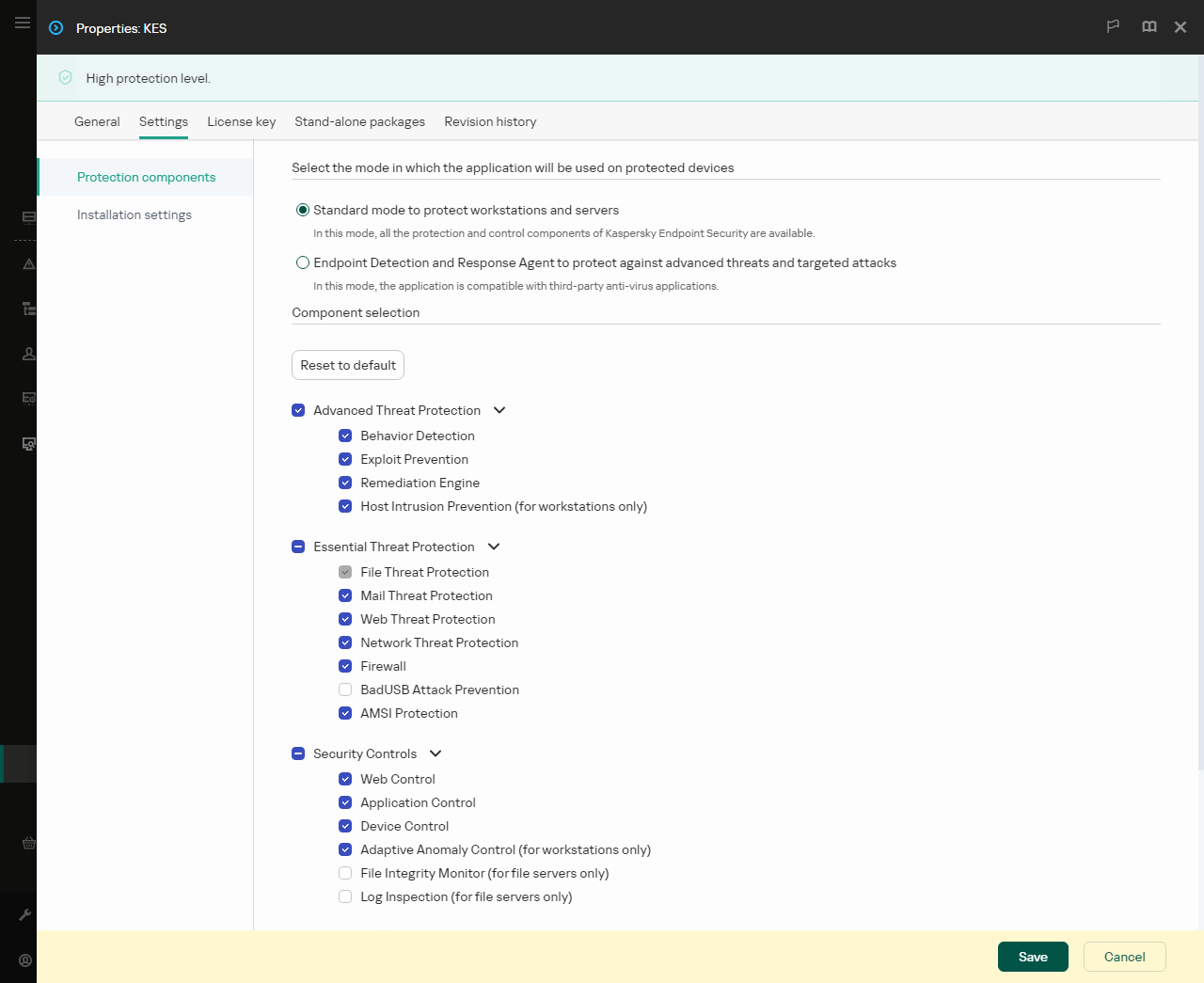 Janela de propriedades do pacote de instalação. Pode selecionar os componentes da aplicação que deseja incluir.