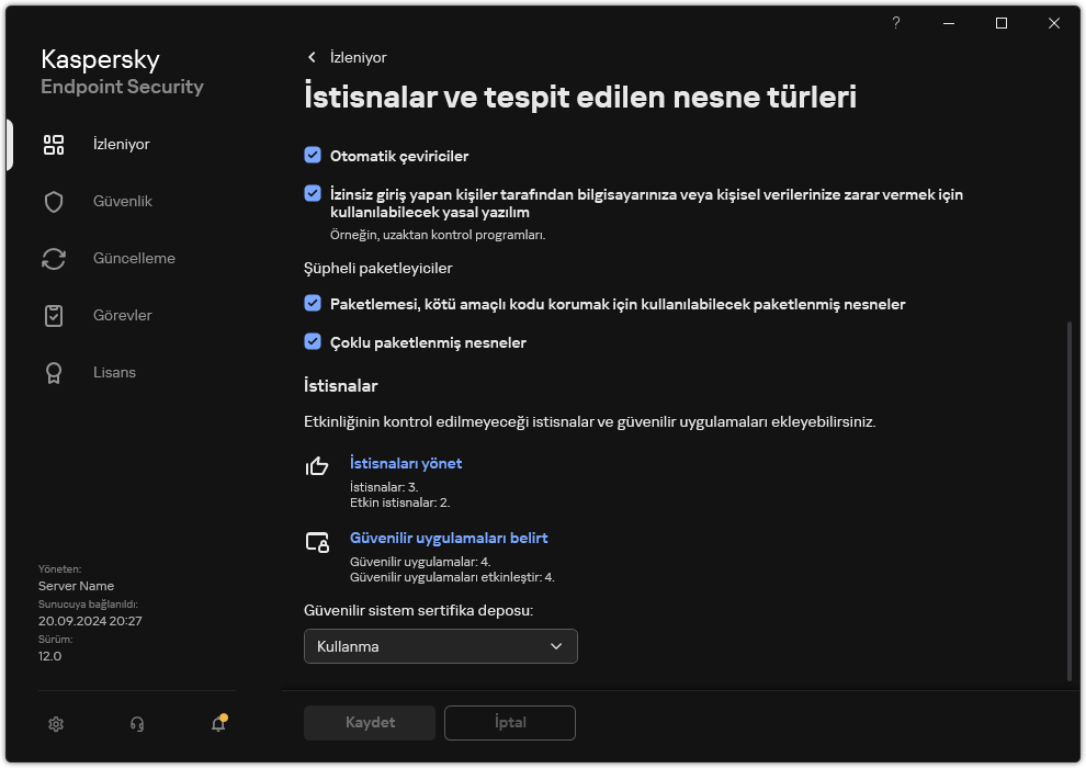 İstisna ayarları penceresi. Kullanıcı, istisnalar ve güvenilir uygulamalar ekleyebilir.