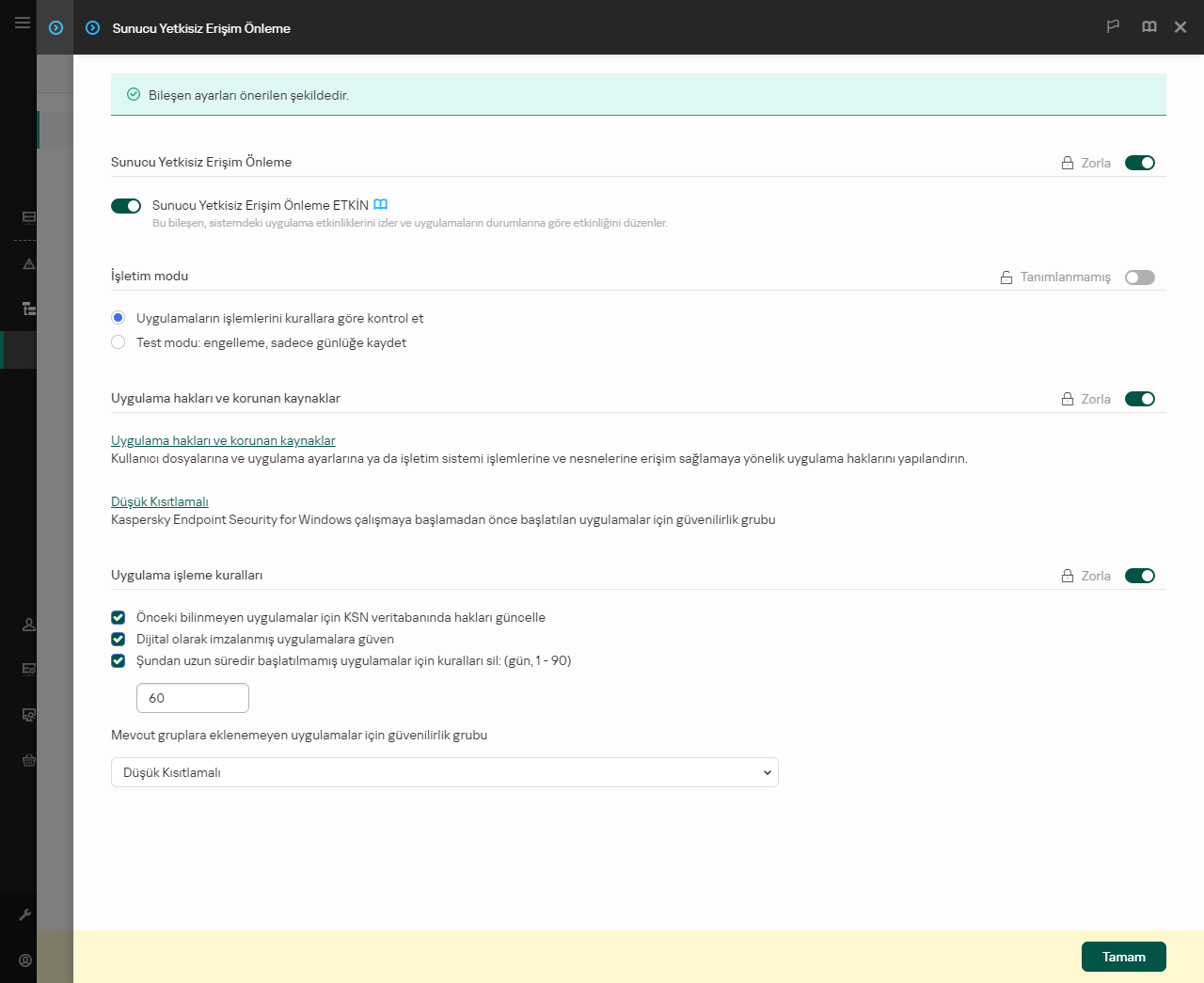 Yetkisiz Erişim Önleme ayarları penceresi.