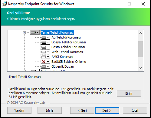 Kullanıcının seçebileceği bileşenlerin listesini içeren yükleyici penceresi.