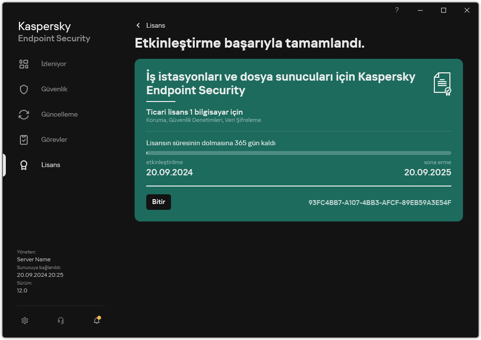Pencere lisansla ilgili bilgileri içerir: sona erme tarihi, kullanılabilir işlevler ve diğer bilgiler.