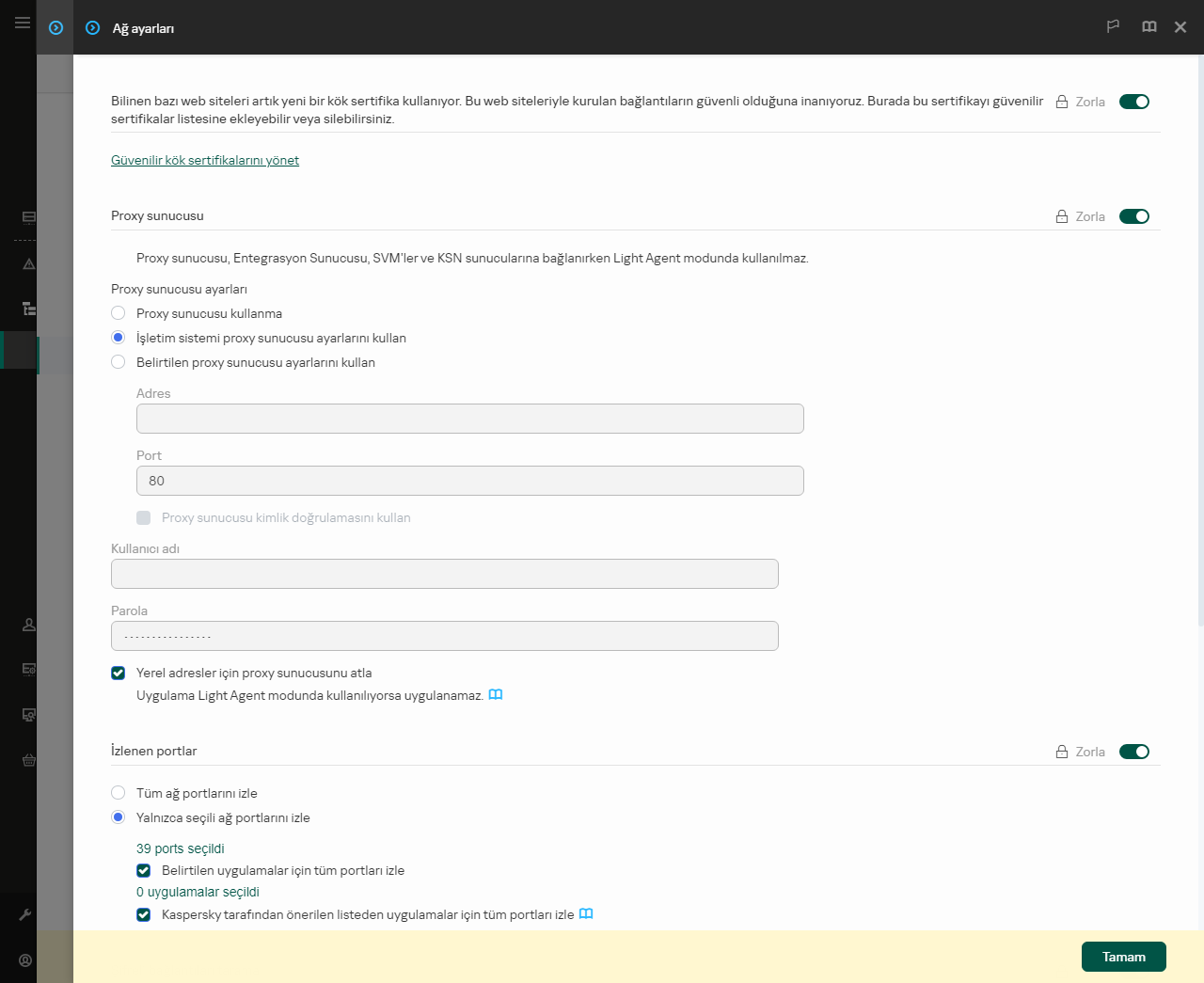 Uygulama ağ ayarları penceresi. Kullanıcı proxy sunucusu ayarlarını yapılandırabilir.