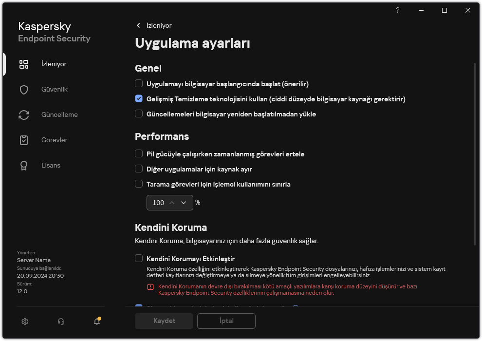 Uygulama ayarları penceresi. Kullanıcı performans, kendini savunma ve diğer ayarları yapılandırabilir.