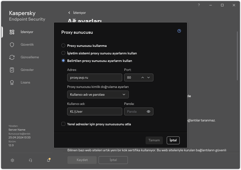 Proxy sunucusu bağlantısını yapılandırma penceresi. Kullanıcı, proxy sunucusunun adresini ve proxy sunucusuna bağlanmak için kimlik bilgilerini ayarlayabilir.