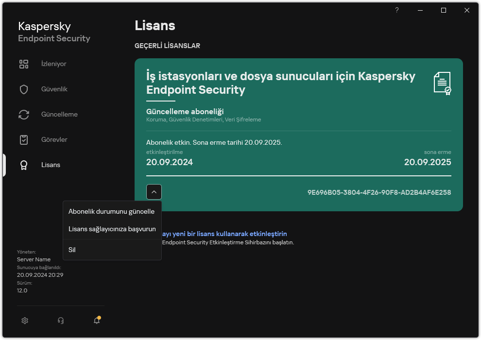 Lisans hakkında bilgi içeren pencere. Kullanıcı, abonelik durumunu güncelleyebilir, abonelik sağlayıcısıyla iletişime geçebilir veya lisansı kaldırabilir.