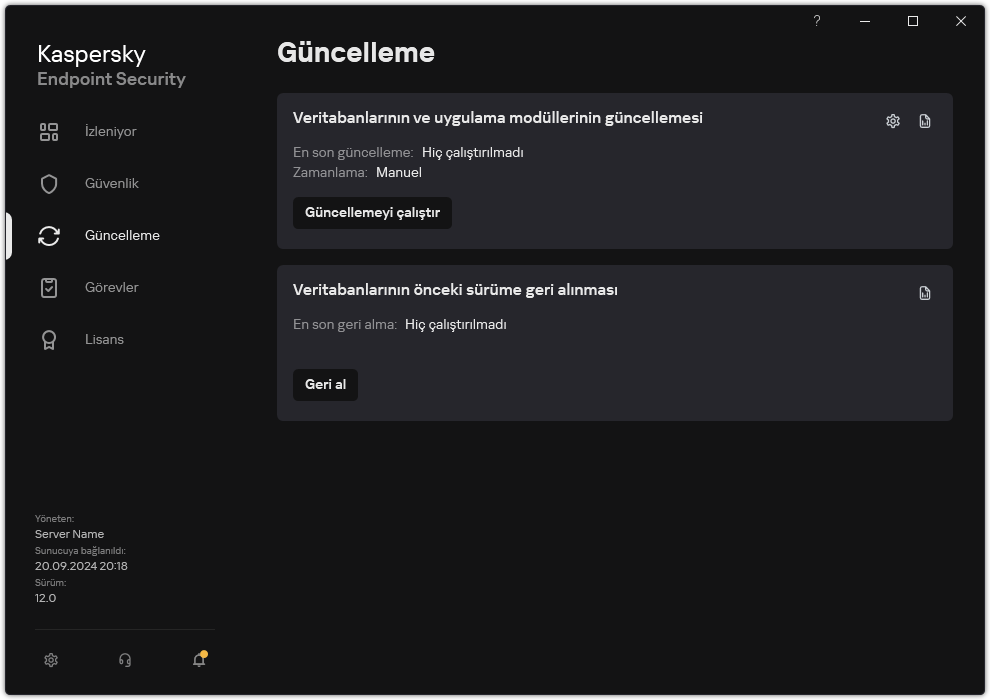 Yerel güncelleme görevlerinin listesini içeren bir pencere. Kullanıcı, veritabanlarının ve uygulama modüllerinin güncellemesini başlatabilir ve son güncellemeyi geri alabilir.