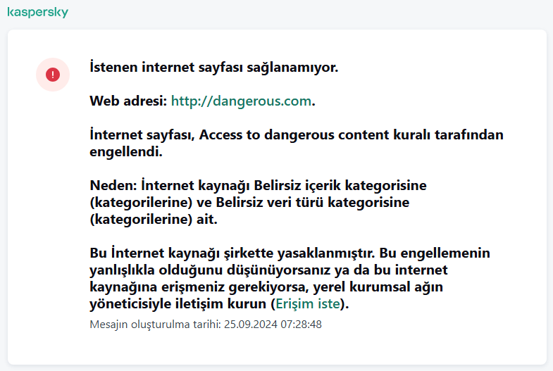 Tarayıcı penceresinde web sayfasına erişimin engellenmesi hakkında Kaspersky bildirimi. Kullanıcı, web kaynağına erişmek için bir istek oluşturabilir.