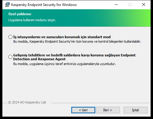 Uygulamanın yapılandırmasını içeren yükleyici penceresi: tam işlevsellik veya Endpoint Detection and Response Agent.
