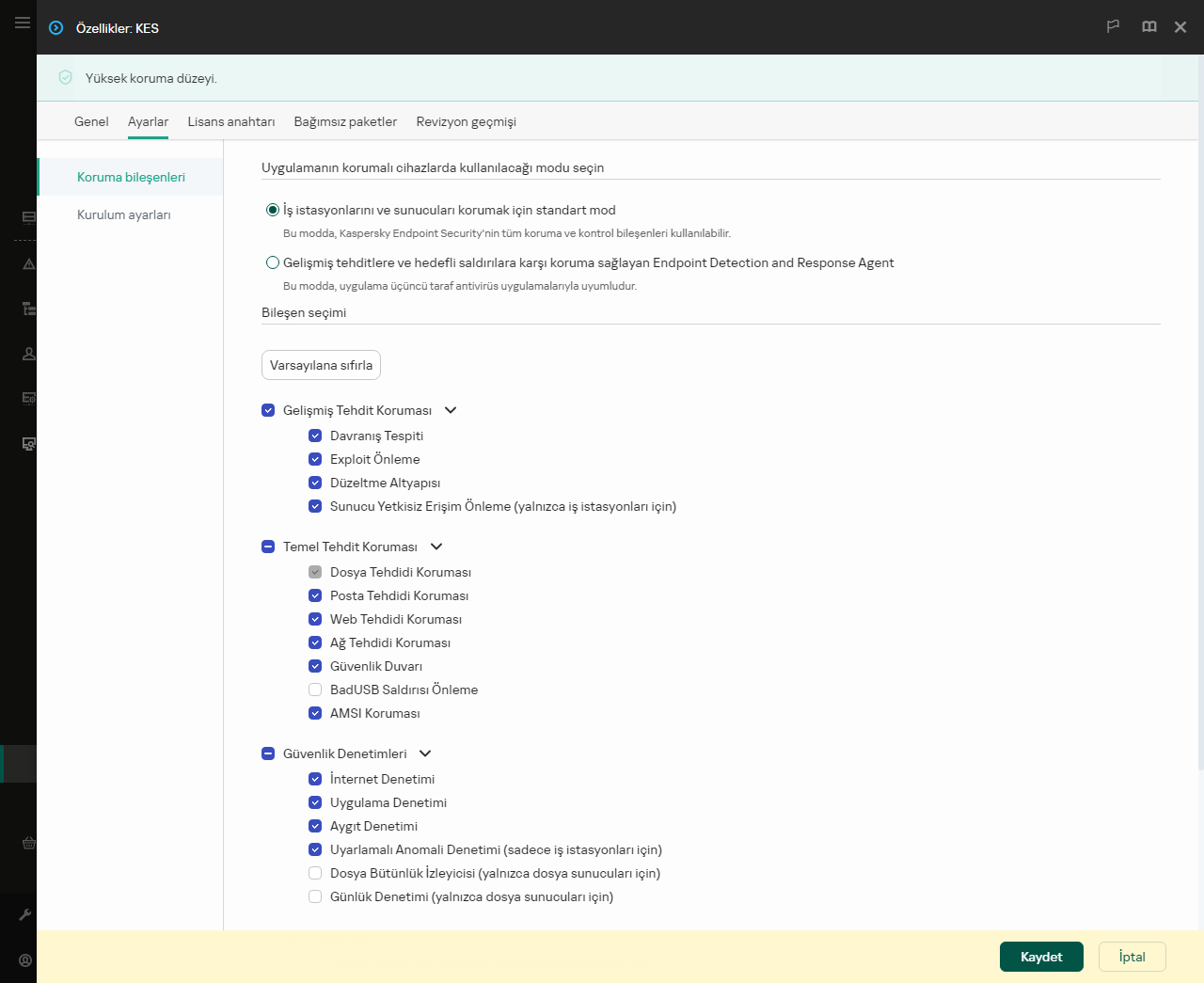 Kurulum paketi özellikleri penceresi. Hangi uygulama bileşenlerini dahil etmek istediğinizi seçebilirsiniz.