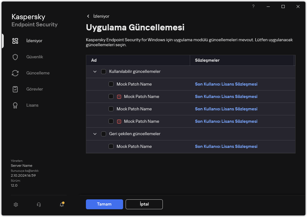 Kullanılabilir yamaların listesini içeren pencere. Kullanıcı yamaları seçebilir ve anlaşmaların hüküm ve koşullarını kabul edebilir.
