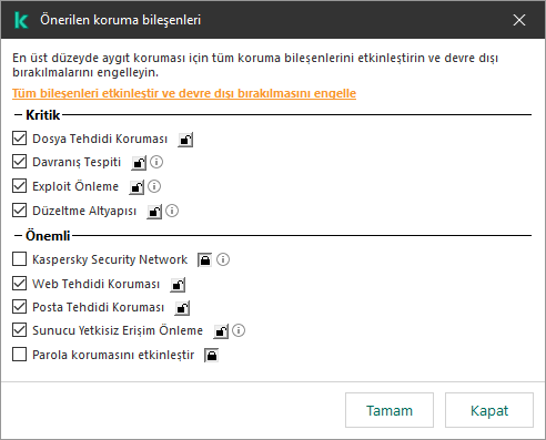 Önerilen koruma bileşenlerini etkinleştirme penceresi. Tüm koruma bileşenlerini etkinleştirebilir ve devre dışı bırakılmalarını önleyebilirsiniz.