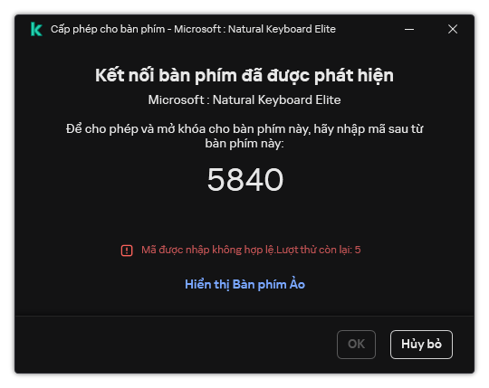 Cửa sổ chứa mã cho phép sử dụng bàn phím. Người dùng có thể kích hoạt bàn phím ảo và nhập mã.