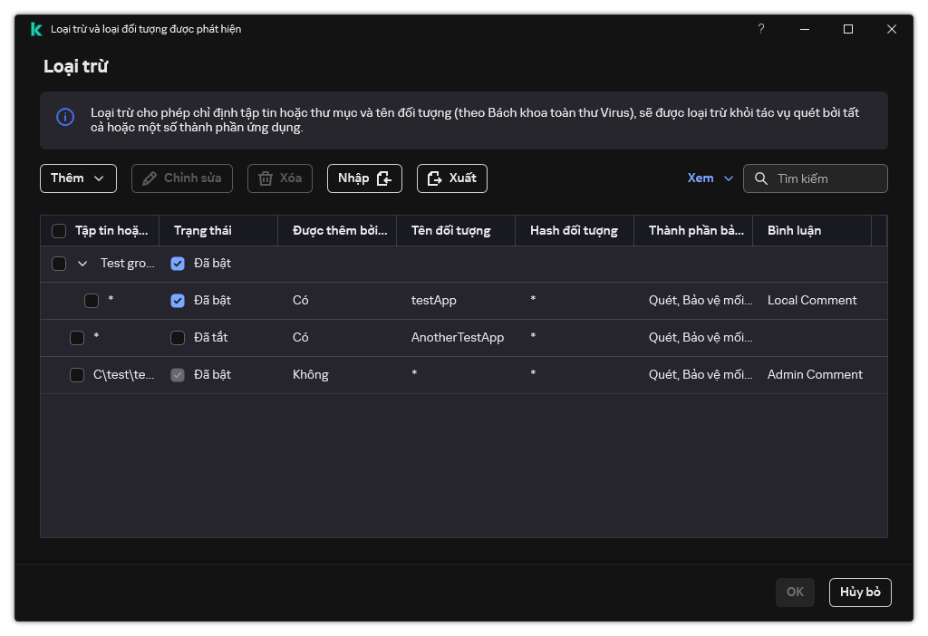 Một cửa sổ chứa danh sách loại trừ. Thuộc tính của loại trừ được hiển thị. Người dùng có thể thêm, chỉnh sửa hoặc xóa các loại trừ.