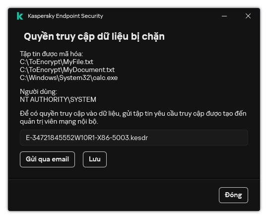 Một cửa sổ có tập tin yêu cầu truy cập dữ liệu được mã hóa. Người dùng có thể lưu tập tin đã tạo vào đĩa hoặc gửi tập tin qua email.