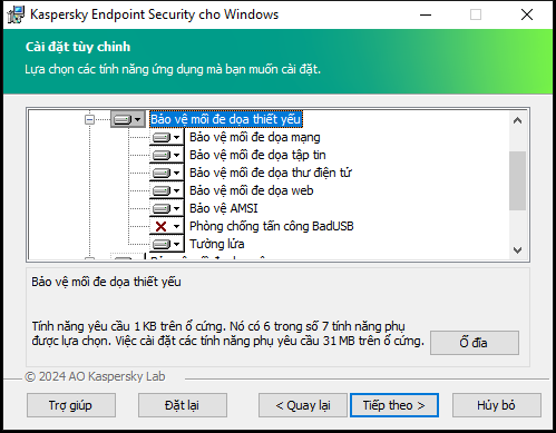 Cửa sổ bộ cài đặt chứa danh sách các thành phần mà người dùng có thể chọn.
